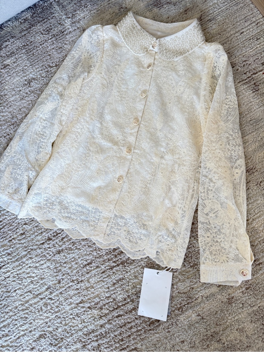 Heavy Embroidered Cream Lace Button-Up Blouse with Pearl Collar
